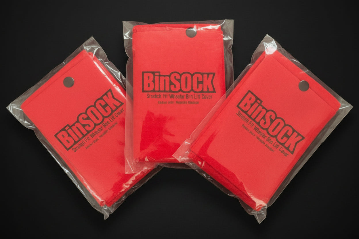 Three red 'BinSOCK' bags in clear packaging on a black background