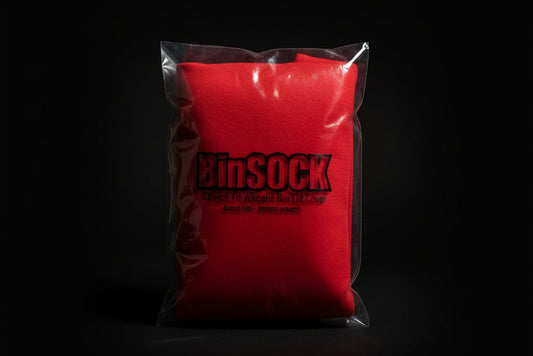 Red BinSock packaging with 'BinSock' branding on a black background